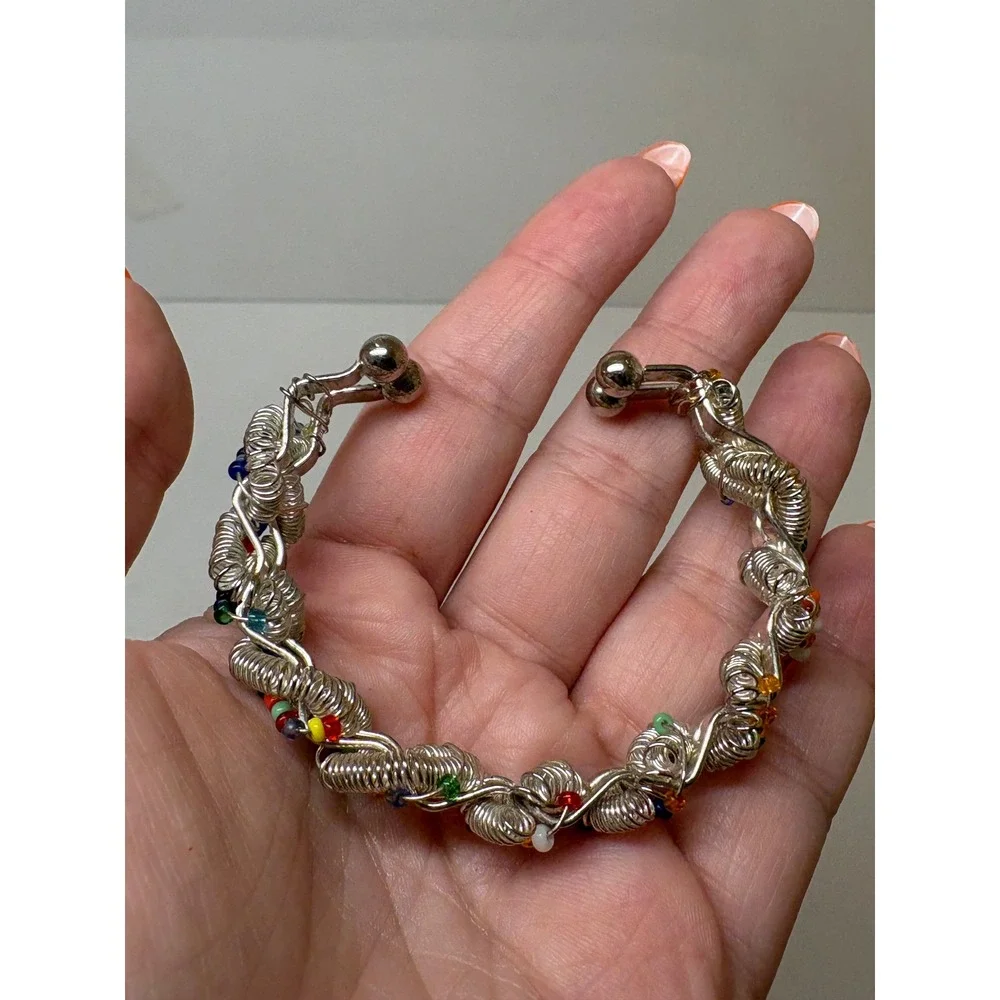 Vintage Silver Tone Wire Wrap Cuff Bracelet Multi Color Seed Beads Industrial